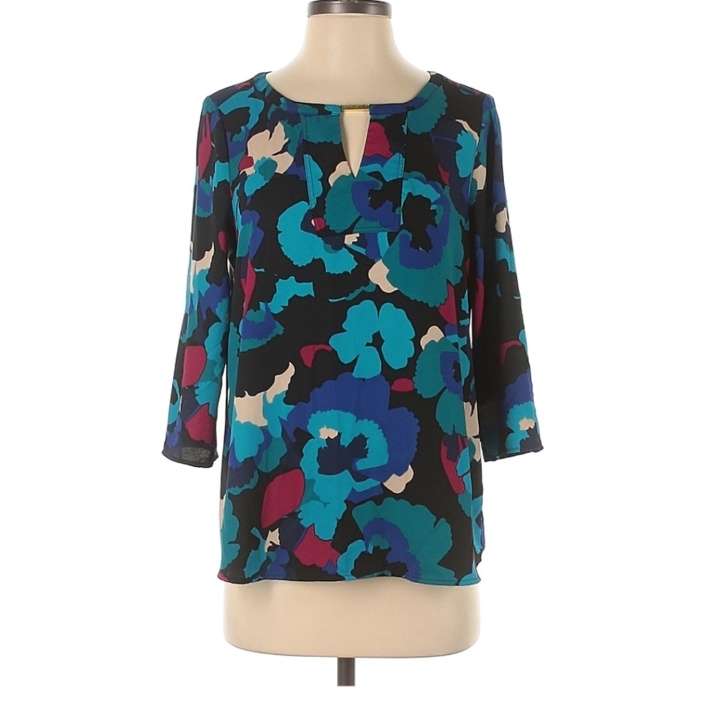 DANA BUCHMAN BRIGHT FLORAL LONG SLEEVED BLOUSE, SIZE SMALL